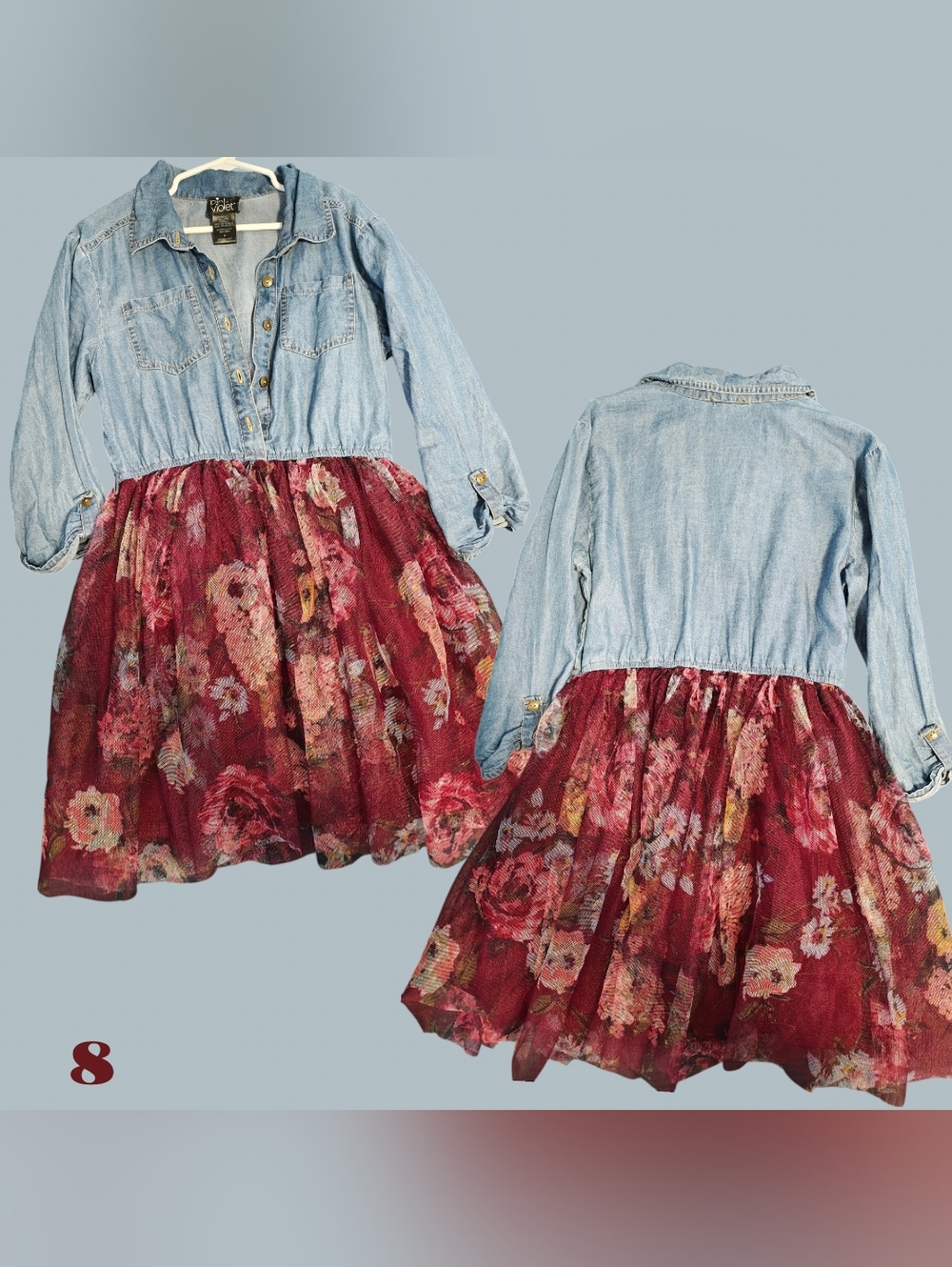 Girls' Denim Bodice Burgundy Floral Tulle Dress